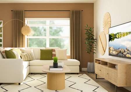 Rendering of living room that
  is furnished with a large white sectional and a brown console.