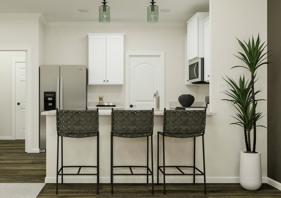 Rendering of three barstools sitting at  the kitchen counter with the kitchen behind it. The space has granite  countertops, white cabinets and stainless steel appliances.