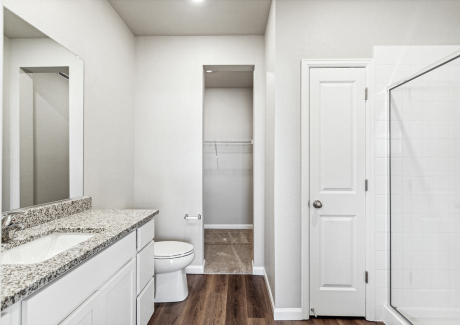 The master bathroom has a large vanity and a step in shower.