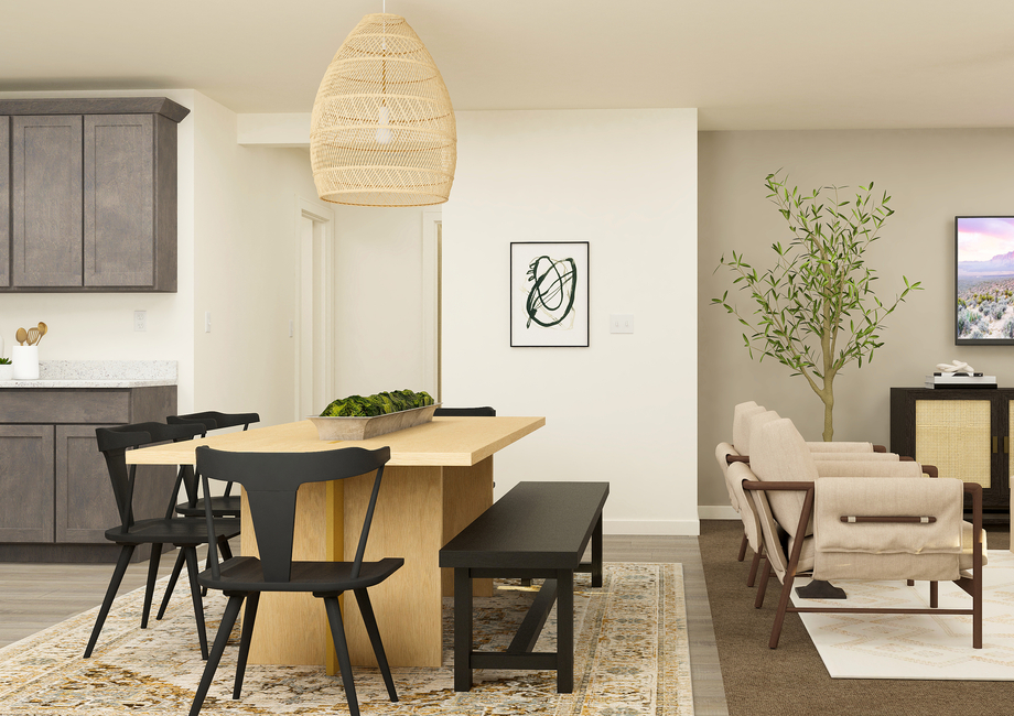 Rendering of a dining room furnished with  a large six-person table. The living room can be seen from behind the  table. 