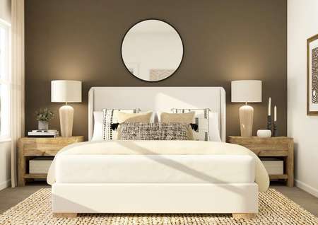 Rendering of a master bedroom furnished
  with a white bed and two wooden side tables. 