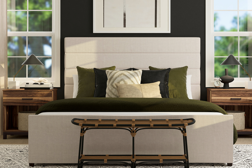 Rendering of master bedroom furnished
  with a large bed and two side tables. The room also has two large windows
  with curtains.