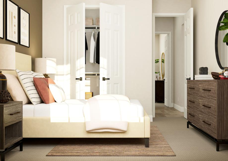 Rendering of a bedroom furnished with a bed, two nightstands, dresser and potted tree. The room has carpeted flooring and a closet with built-in shelving.