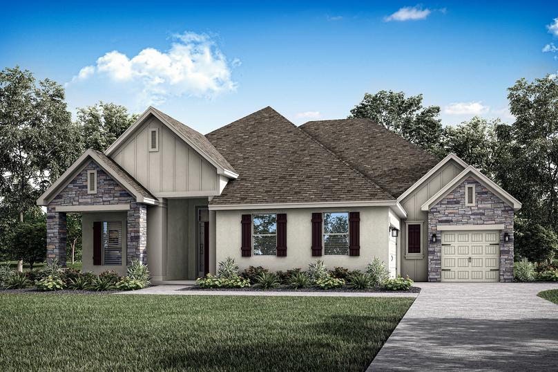 Single-story Waycross elevation rendering with stucco and stone accents.