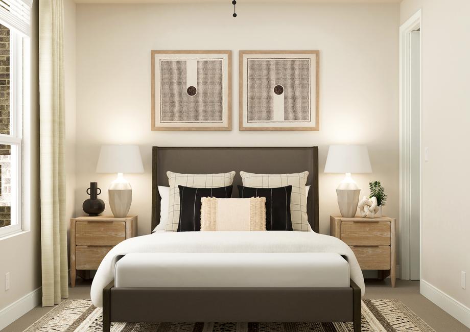 Rendering of a bedroom furnished with a
  bed and two nightstands. The room has a window and carpeted flooring.