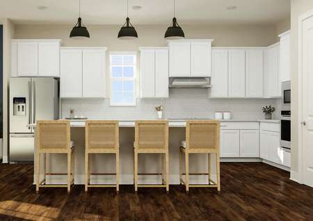 Rendering of spacious kitchen showing
  white cabinetry, luxury tiled backsplash, a large island, and stainless steel
  appliances with dark wood look flooring throughout.
