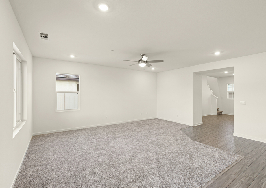 The family room has carpet and a ceiling fan.