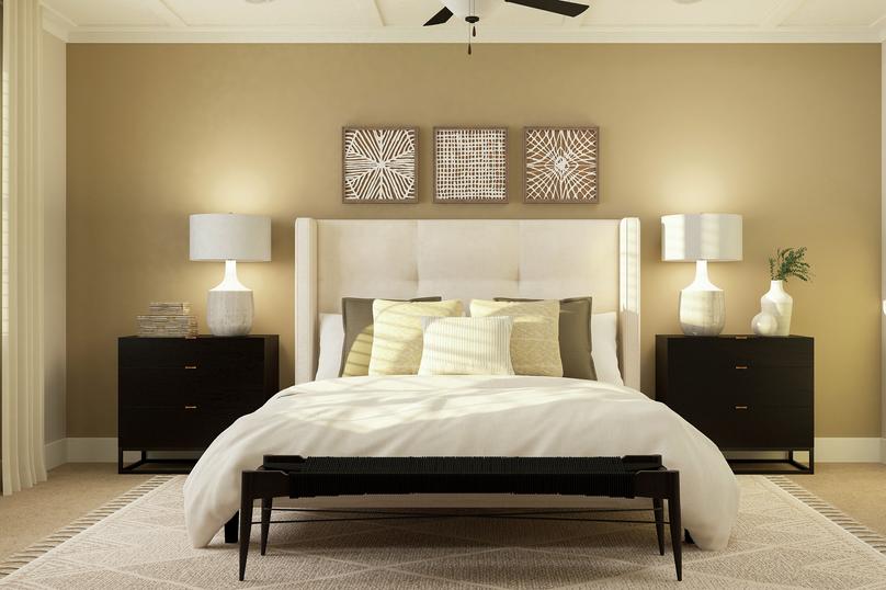 Rendering of master bedroom furnished
  with a large bed, side tables and a dresser.