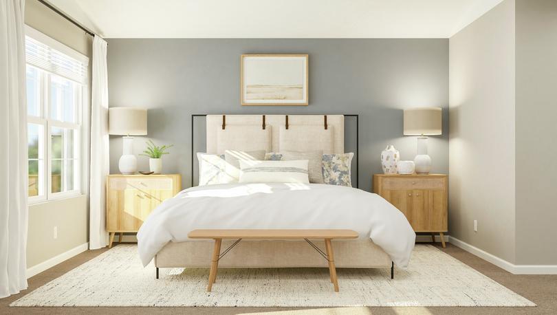 Rendering of the master suite looking
  towards the bed, which sits between two large nightstands. A large window is
  on the left of the bed.