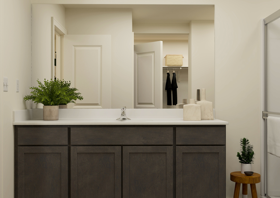 Rendering of a master bathroom showing a  large single-sink vanity next to a shower.