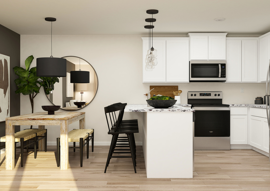 Rendering of a
  kitchen with white cabinetry and stainless steal appliances. The dining room
  can be seen next to the kitchen.