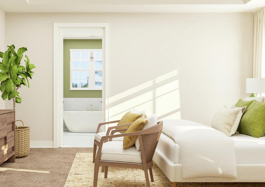 Rendering of spacious master bedroom
  showing a wooden dresser with dÃ©cor on the left and a large white framed bed
  with accent chairs on the right and beige carpet flooring throughout.