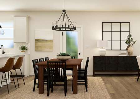 Rendering
  showcasing the flow from the kitchen to the dining room and living room. The
  space has wood-look vinyl plank flooring and a 3/4 lite patio door.
