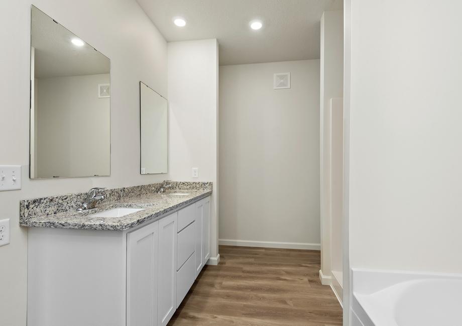 The master bathroom has a dual vanity.