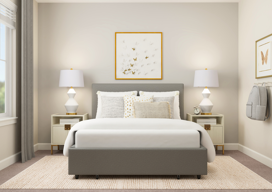 Rendering of bedroom with a large bed with two side tables. This room also has a large window.