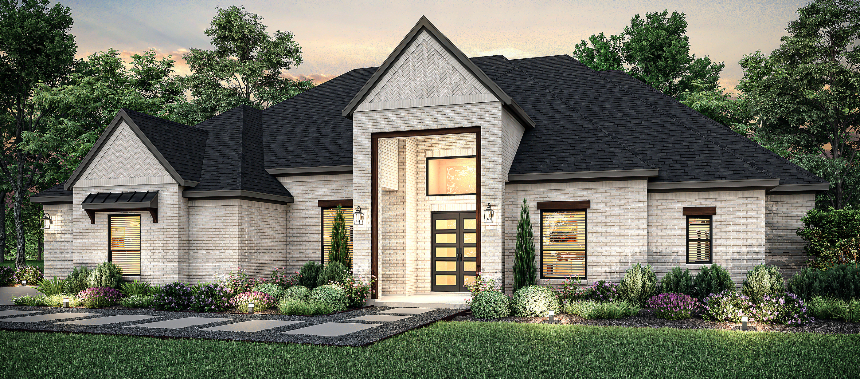 Dusk rendering of the one-story Timberline II.