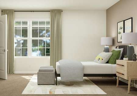 Rendering of a children's bedroom looking
  towards the large window. The bed and nightstands sit across from the closet.