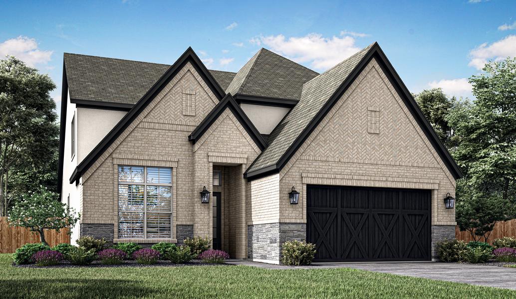 Rendering of the Welch plan with stunning exteriors, including large windows and designer coach lights.