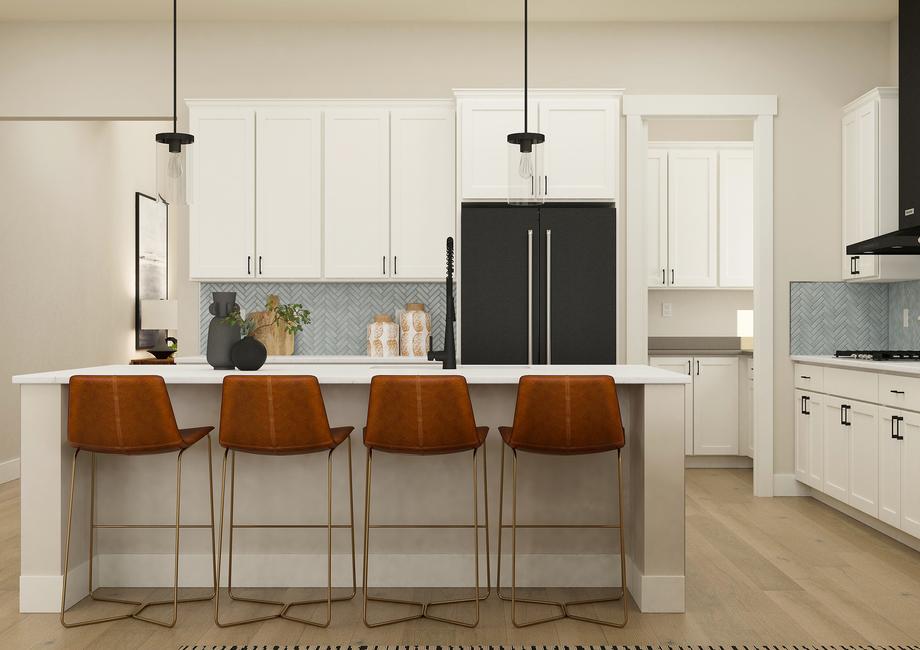 Rendering of kitchen showing white
  cabinetry and stainless steel appliances. There are also a 4 barstools at the
  counter.