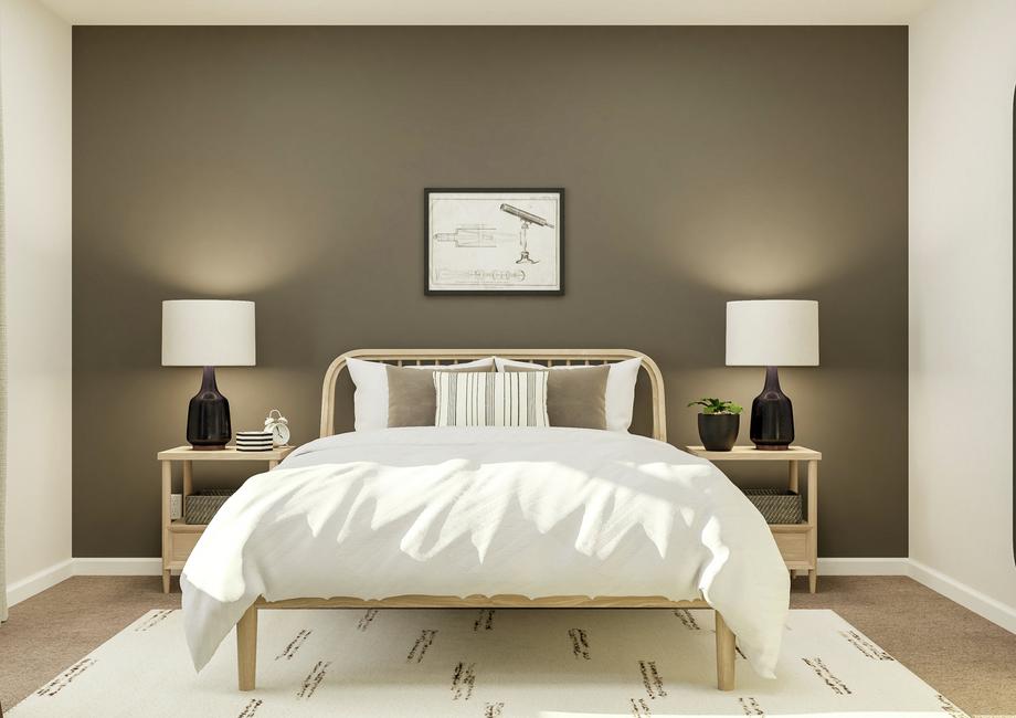 Rendering of a bedroom furnished with a
  large bed, two nightstands and a rug. A mirror hangs on the wall across from
  the window.