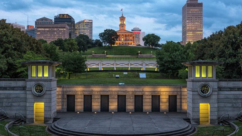 Nashville, Tennessee Bicentennial Mall showing stone walls, grassy knolls, and the Capitol Building off in the distance