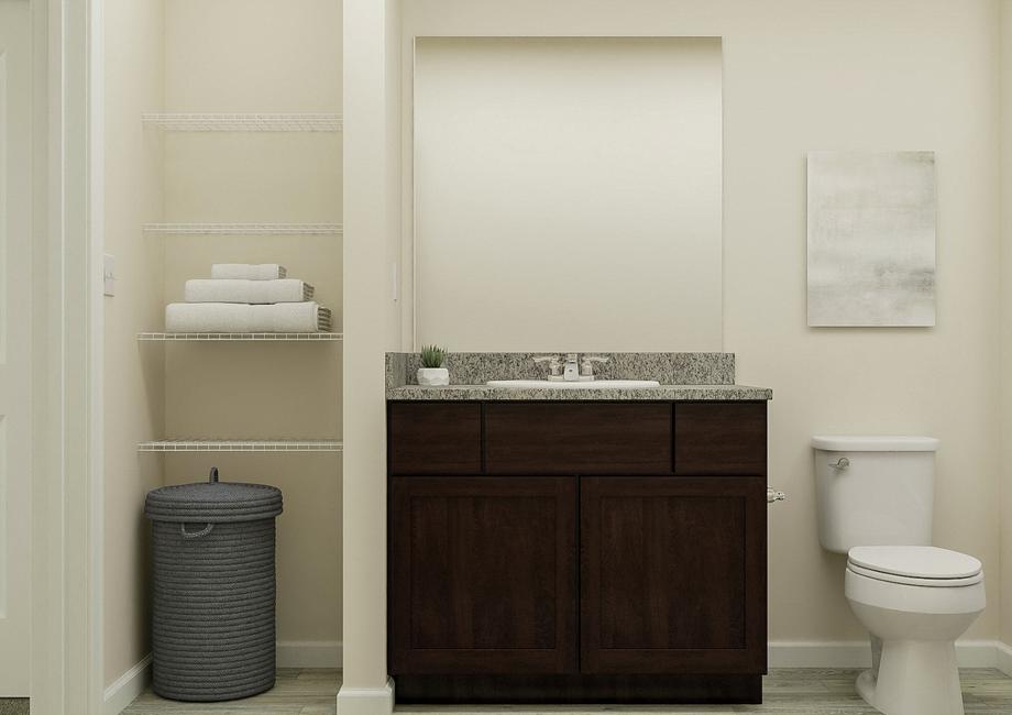 Rendering of a
  spacious bath with a brown-cabinet vanity between the toilet and linen
  storage. A shower with a shower curtain is visible.