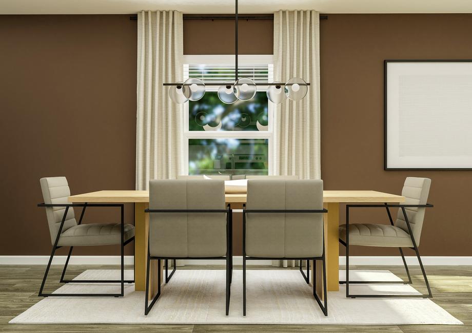 Rendering of the dining area, complete
  with a large table, chairs, and decorative lighting.Â 