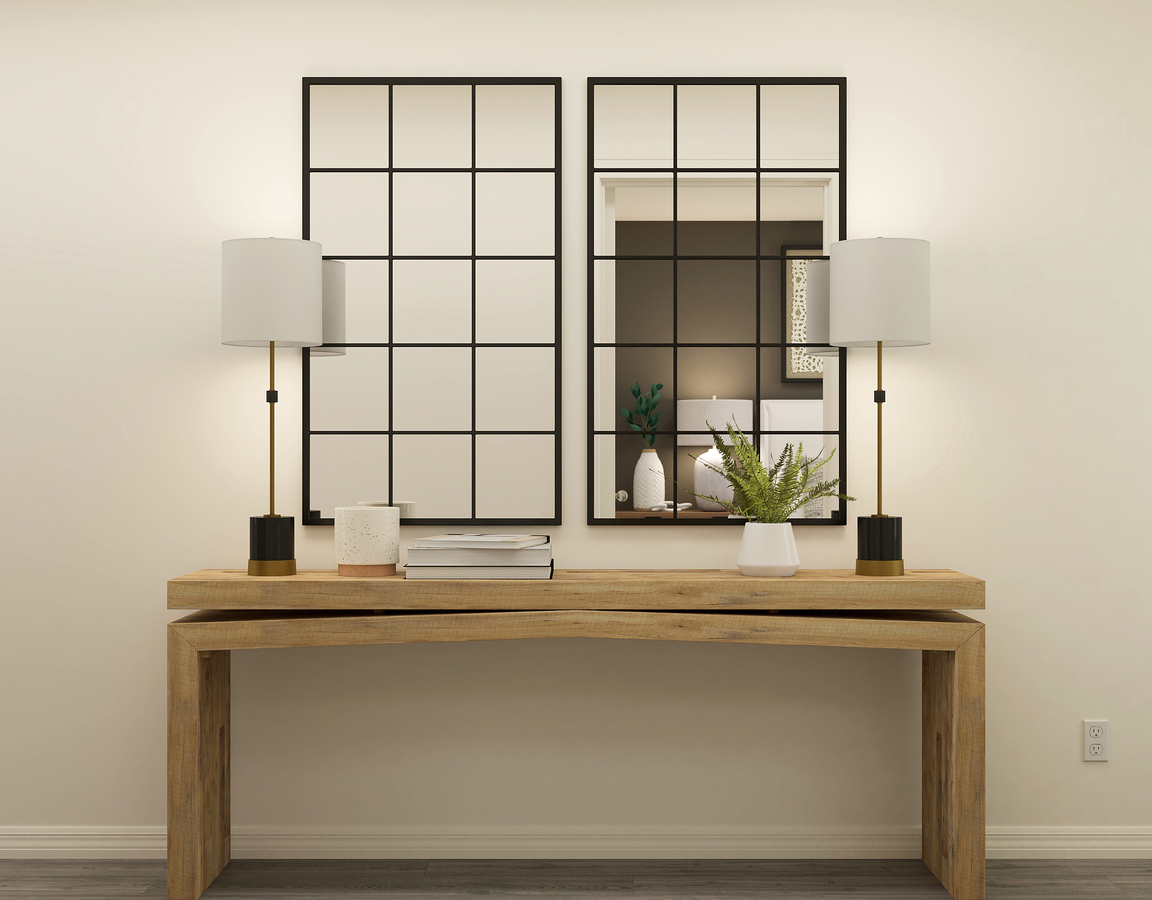 Rendering of the foyer with a entryway table. 