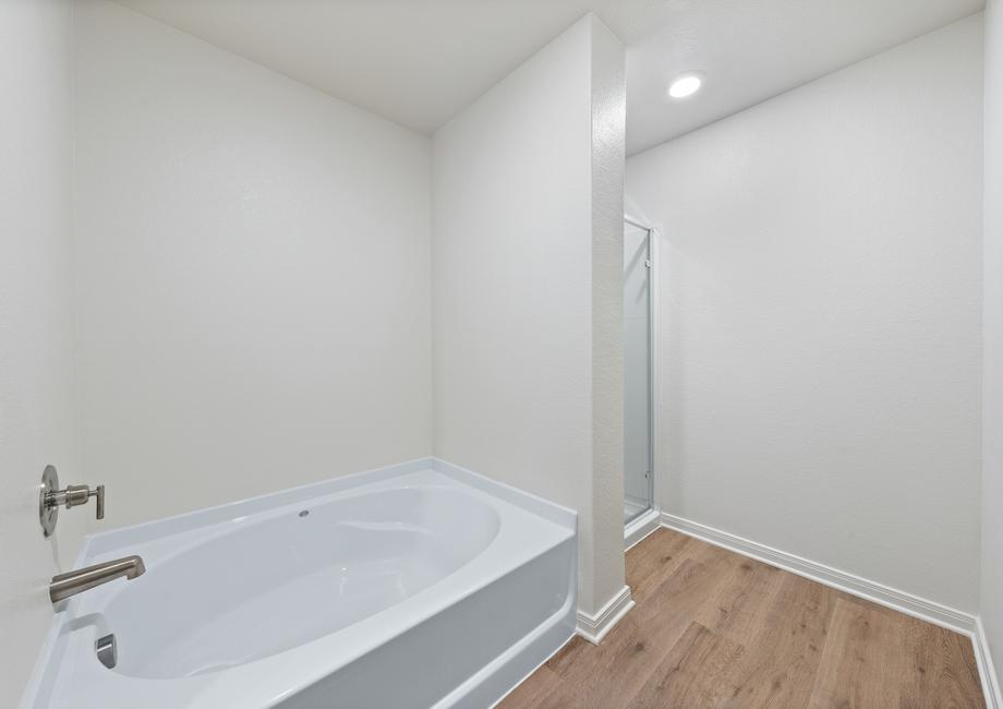 The master bathroom has a large garden tub and glass, walk-in shower.