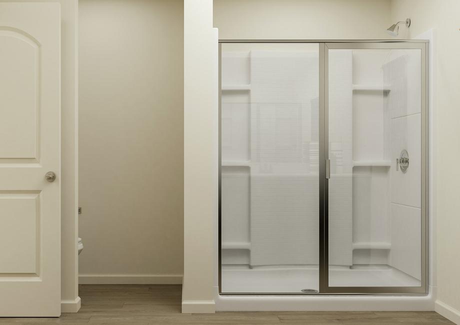 Rendering of the owner's bathroom
  featuring a glass door shower.