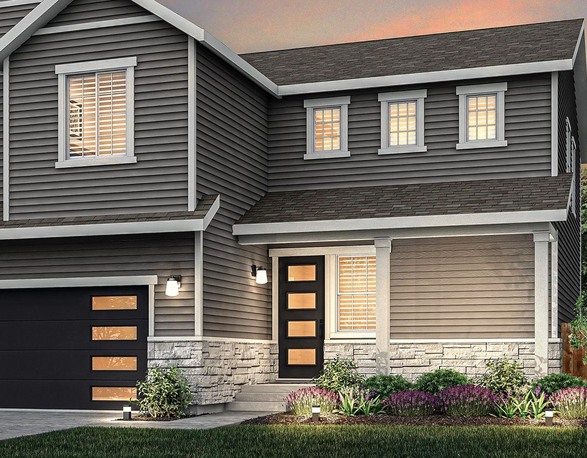 Exterior rendering of the gorgeous two-story Glenwood floor plan during dusk.
