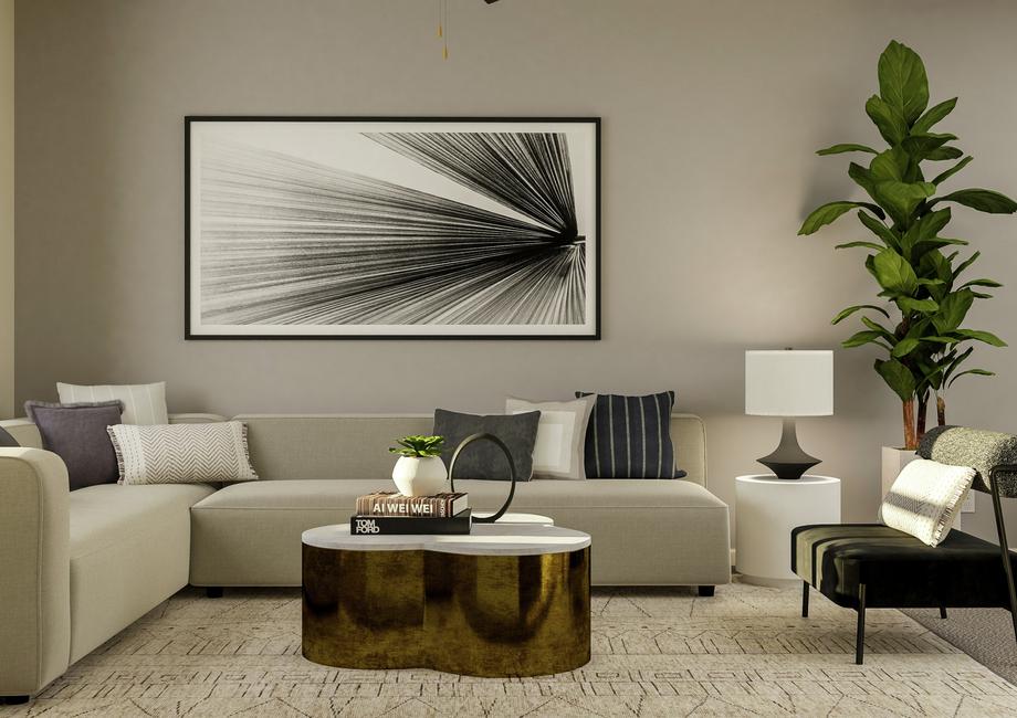Rendering of the living area featuring
  large furniture and décor.