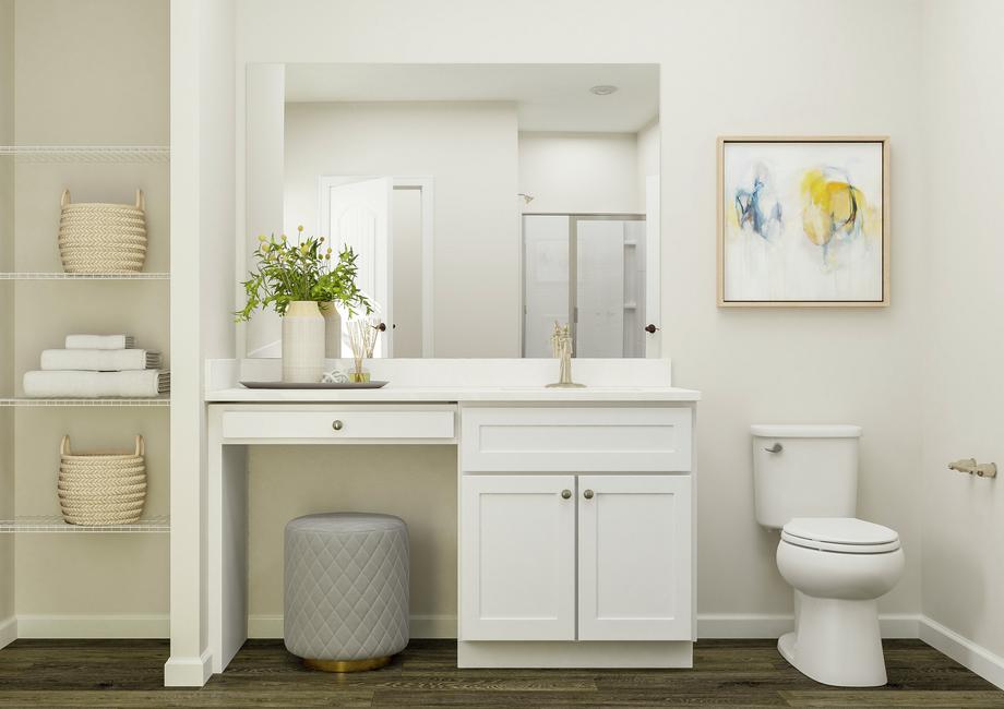 Rendering of the master bath focused on  the sink with white cabinetry and makeup vanity. On either side of the vanity  is the toilet and linen storage. The shower is reflected in the mirror.