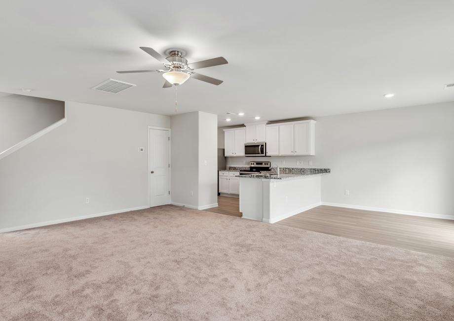 Open floor plan showcasing the kitchen and living room.