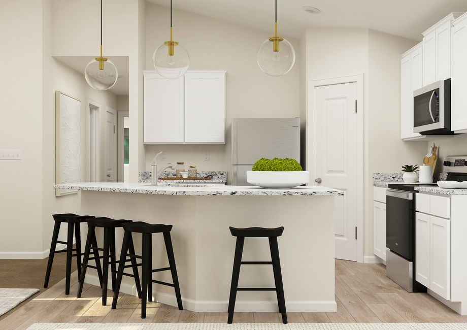 Rendering of a
  kitchen with stainless steel appliances and white cabinetry. There are four
  brown barstools at the counter.Â 