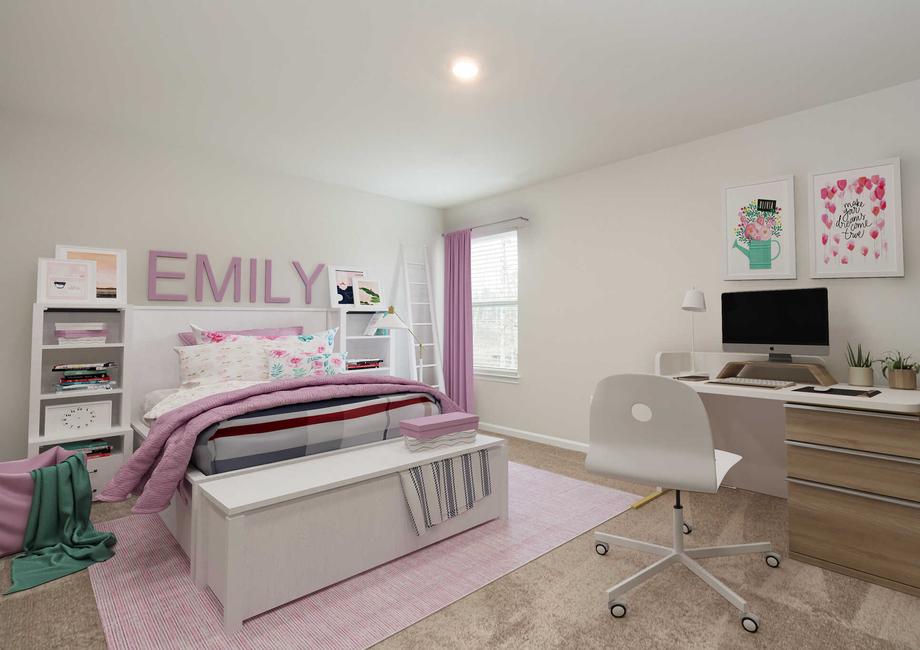 Decorated girl's bedroom with full size bed, window, desk with computer.