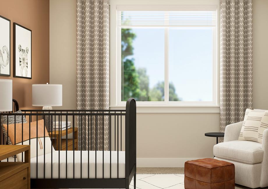 Rendering of a child's bedroom furnished
  with a crib and a dresser. This room also has a white cushioned chair in the
  corner.Â 