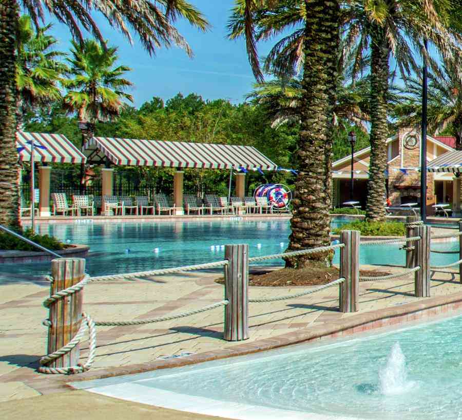 Beach entry view of the resort-style pool at Rolling Hills