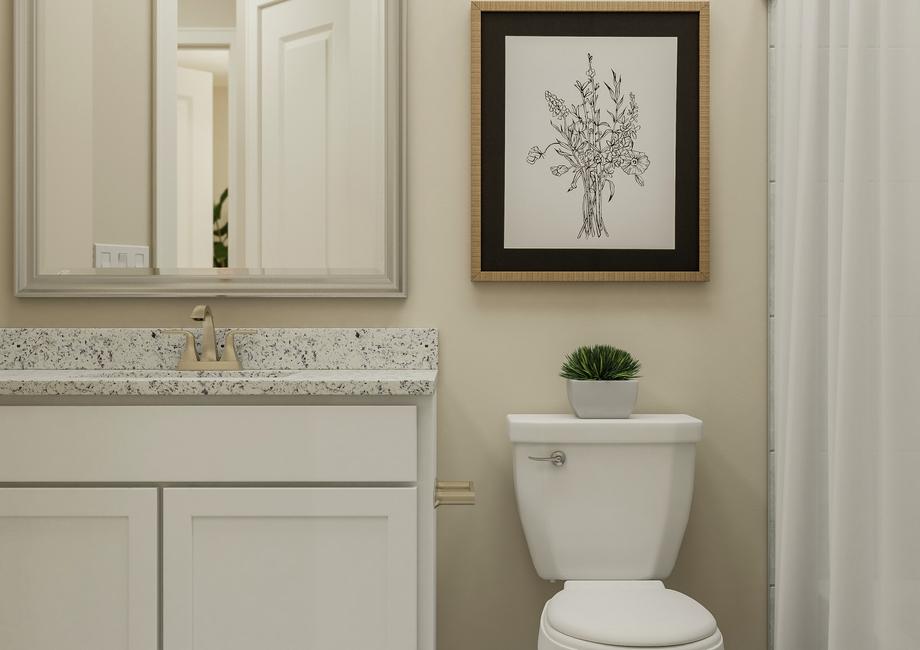 Rendering of full secondary bath showing
  vanity with white cabinetry, toilet, and a tub with shower curtain on right.