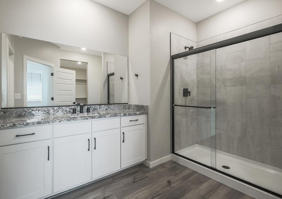 Master bathroom with a large walk-in shower and white cabinets.