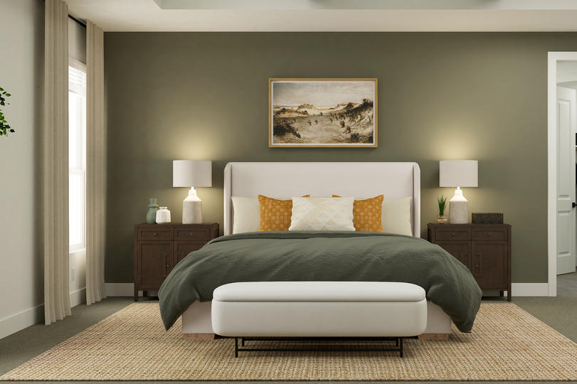 Rendering of a
  master bedroom furnished with a large bed and two side tables. There is also
  a bench at the end of the bed.