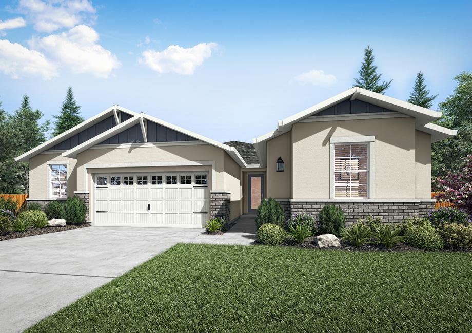 The Walker is a single-story home with tan stucco, blue siding and gray brick accents.