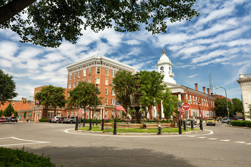 Memorial Square and the Franklin County Courthouse in downtown Chambersburg, Pennsylvania USA.