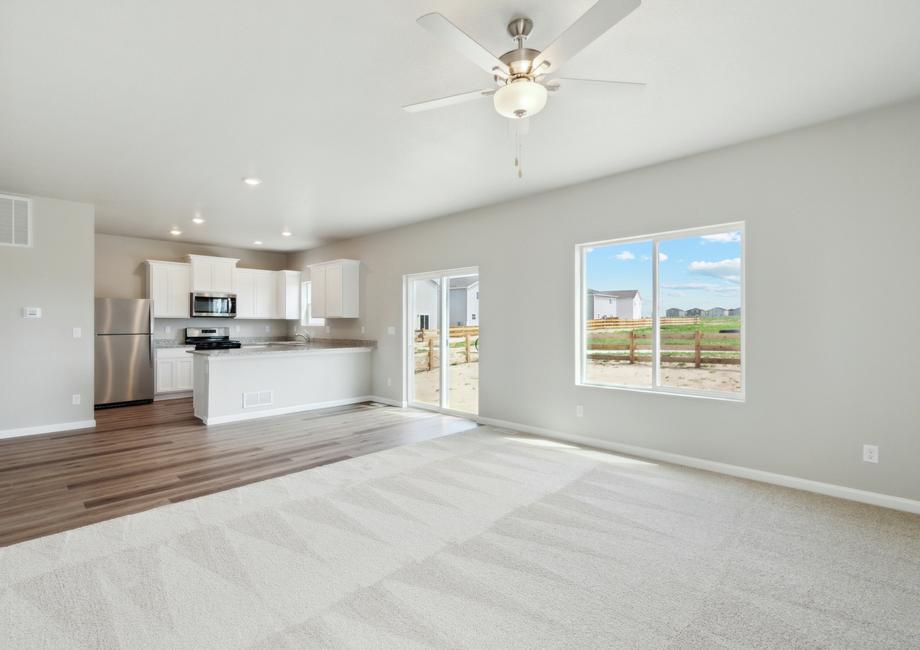 The first floor of the Laramie floor plan is an open-concept layout.