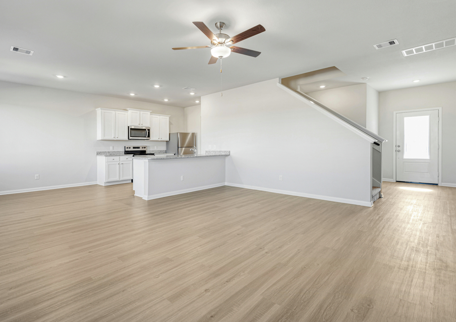 The foyer leads to a large family room with vinyl flooring