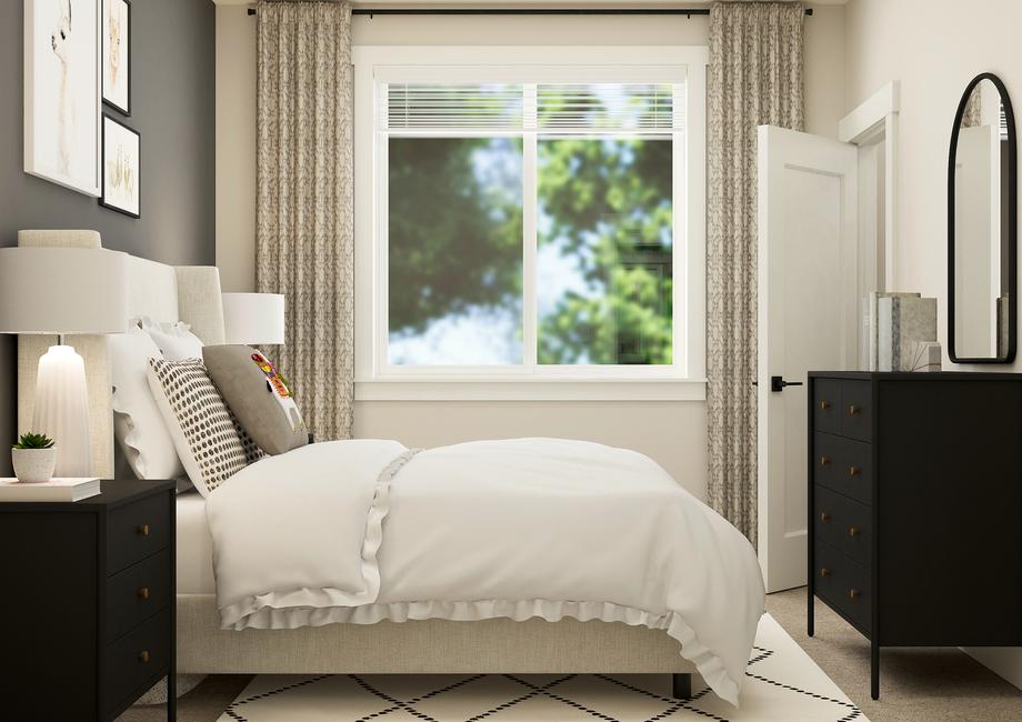 Rendering of the bedroom furnished with a
  large white bed and a side table. This room also has a dark dresser and a
  large window.