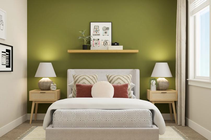 Rendering of bedroom furnished with a
  white bed in between two side tables.Â 