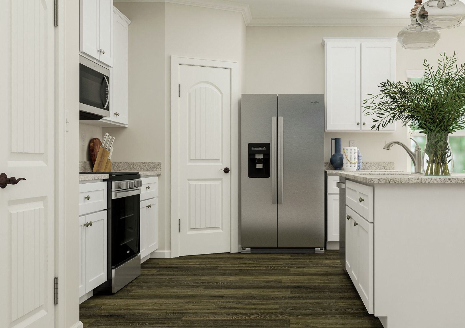 Rendering of the kitchen in the Avery  floor plan with white cabinets, granite countertops, stainless steel  Whirlpool appliances and vinyl plank flooring. 