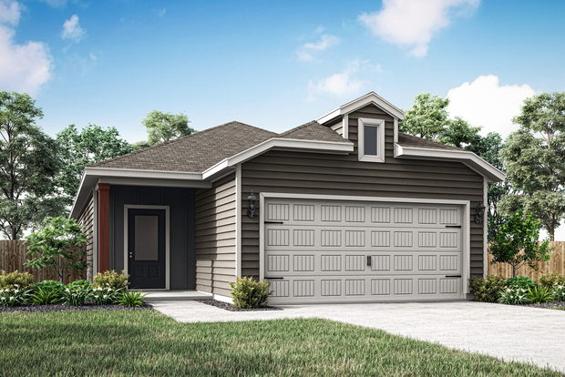Rendering of the beautiful one-story Cedar with siding exterior and cedar pole.