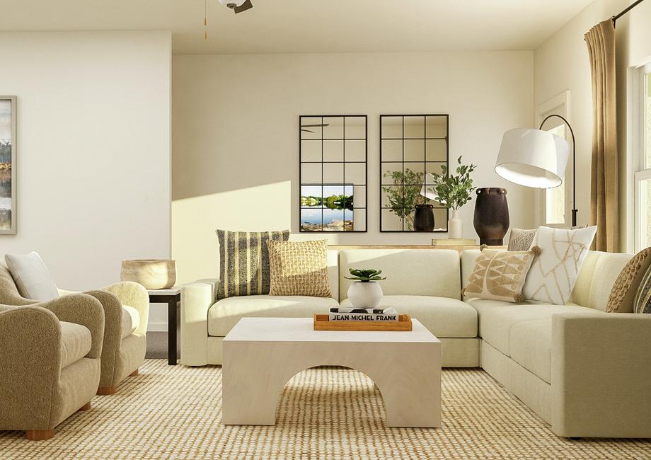 Rendering of the
  Elm's open layout featuring living room furniture and tons of natural light.